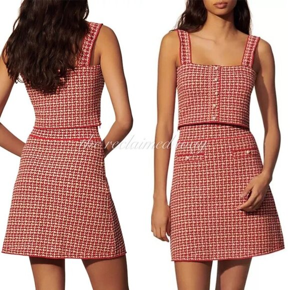 Sandro Tweed Matching Set Two Piece Daniella Crop Top Blandine Skirt Red Pearls - Picture 4 of 15